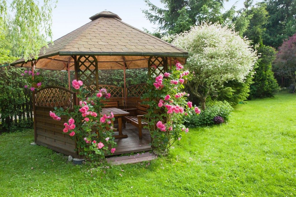 Outdoor wooden gazebo with roses and summer landscape background